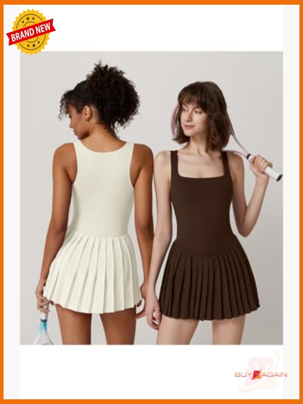 Square Neck Tennis Dress with Built-in Shorts, Pockets, Pleated - Picture 3 of 6